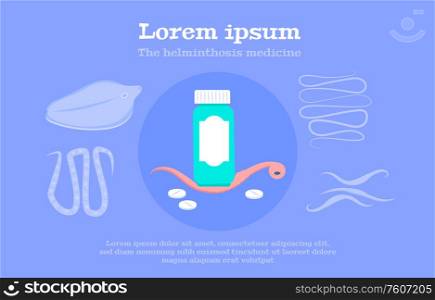 Intestinal worms symptoms treatment cure medicine for human and animal helminths hosts flat background banner vector illustration