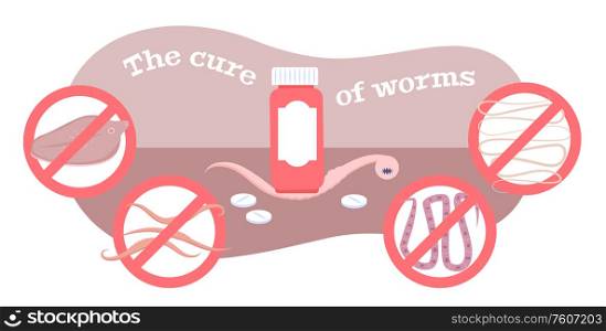 Intestinal worms treatment cure medication for humans and animals flat composition with red tablets bottle vector illustration