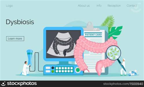Intestine doctors examine, treat dysbiosis, perform ultrasound scan. Tiny therapist looks through a magnifying glass at harmful bacteria. Health care concept for landing page, website, app, banner.. Intestine doctors examine, treat dysbiosis, perform ultrasound scan.