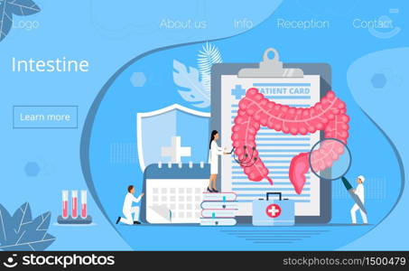 Intestine doctors examine, treat dysbiosis. Tiny therapist looks through a magnifying glass at harmful bacteria. Health care concept in flat style for landing page, website, app, banner.. Intestine doctors examine, treat dysbiosis. Tiny therapist looks through a magnifying glass