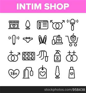 Intim Shop Collection Elements Vector Icons Set Thin Line. Contraception And Different Intim Devices, Bunny Ears And Sexy Panties Concept Linear Pictograms. Monochrome Contour Illustrations. Intim Shop Collection Elements Vector Icons Set