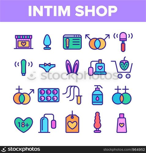 Intim Shop Collection Elements Vector Icons Set Thin Line. Contraception And Different Intim Devices, Bunny Ears And Sexy Panties Concept Linear Pictograms. Color Contour Illustrations. Intim Shop Color Elements Vector Icons Set