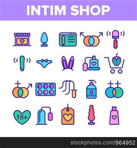 Intim Shop Collection Elements Vector Icons Set Thin Line. Contraception And Different Intim Devices, Bunny Ears And Sexy Panties Concept Linear Pictograms. Color Contour Illustrations. Intim Shop Color Elements Vector Icons Set