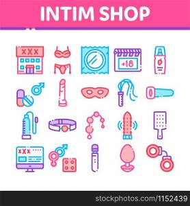 Intim Shop Sex Toys Collection Icons Set Vector Thin Line. Intim Shop Building And Internet Web Site, Collar And Handcuffs, Mask And Condom Concept Linear Pictograms. Color Contour Illustrations. Intim Shop Sex Toys Collection Icons Set Vector