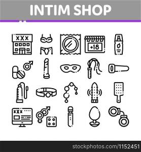 Intim Shop Sex Toys Collection Icons Set Vector Thin Line. Intim Shop Building And Internet Web Site, Collar And Handcuffs, Mask And Condom Concept Linear Pictograms. Monochrome Contour Illustrations. Intim Shop Sex Toys Collection Icons Set Vector