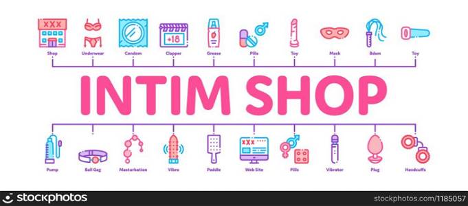 Intim Shop Sex Toys Minimal Infographic Web Banner Vector. Intim Shop Building And Internet Web Site, Collar And Handcuffs, Mask And Condom Concept Illustrations. Intim Shop Sex Toys Minimal Infographic Banner Vector