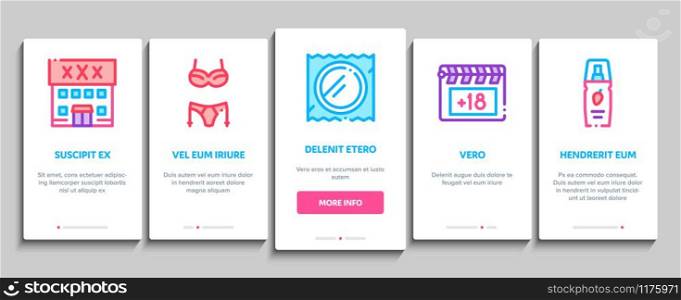 Intim Shop Sex Toys Onboarding Mobile App Page Screen Vector. Intim Shop Building And Internet Web Site, Collar And Handcuffs, Mask And Condom Concept Linear Pictograms. Color Contour Illustrations. Intim Shop Sex Toys Onboarding Elements Icons Set Vector