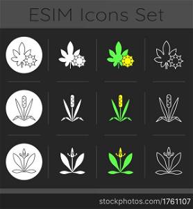Intolerance for allergen dark theme icons set. Castor bean. Timothy grass. Flower pollen. Common reason for allergy. Linear white, solid glyph and RGB color styles. Isolated vector illustrations. Intolerance for allergen dark theme icons set