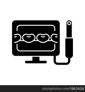 Intraoral camera black glyph icon. Oral health condition diagnosis. Capturing teeth video image. Device for patient education. Silhouette symbol on white space. Vector isolated illustration. Intraoral camera black glyph icon