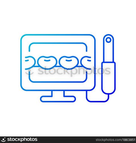 Intraoral camera gradient linear vector icon. Oral health condition diagnosis. Capturing teeth video image. Thin line color symbol. Modern style pictogram. Vector isolated outline drawing. Intraoral camera gradient linear vector icon
