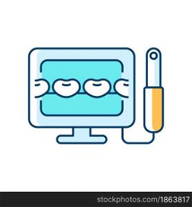 Intraoral camera RGB color icon. Oral health condition diagnosis. Capturing teeth video image. Dental innovation. Device for patient education. Isolated vector illustration. Simple filled line drawing. Intraoral camera RGB color icon