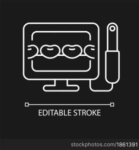 Intraoral camera white linear icon for dark theme. Teeth condition diagnosis. Dental innovation. Thin line customizable illustration. Isolated vector contour symbol for night mode. Editable stroke. Intraoral camera white linear icon for dark theme