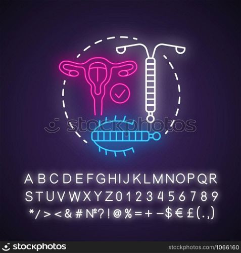 Intrauterine device neon light concept icon. Safe sex. Pregnancy prevention. Female reproductive system. Healthy intercourse method idea. Glowing alphabet, numbers. Vector isolated illustration