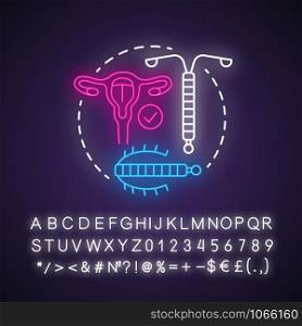 Intrauterine device neon light concept icon. Safe sex. Pregnancy prevention. Female reproductive system. Healthy intercourse method idea. Glowing alphabet, numbers. Vector isolated illustration