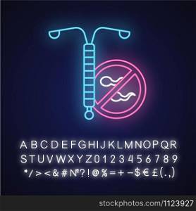 Intrauterine device neon light icon. Vaginal coil. Preservative, contraceptive. Unwanted pregnancy prevention. Safe sex. Glowing sign with alphabet, numbers and symbols. Vector isolated illustration