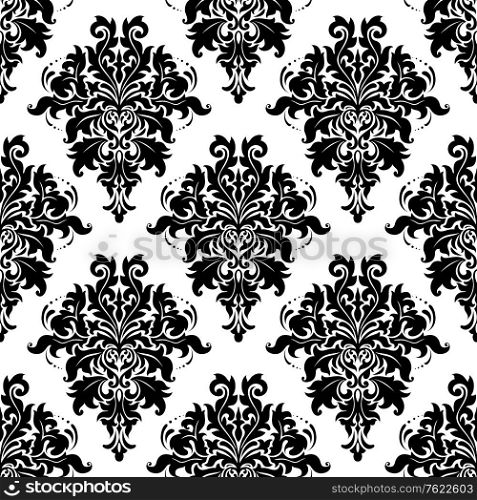 Intricate black and white foliate arabesque repeat seamless pattern with acanthus leaves suitable for print and textile such as damask