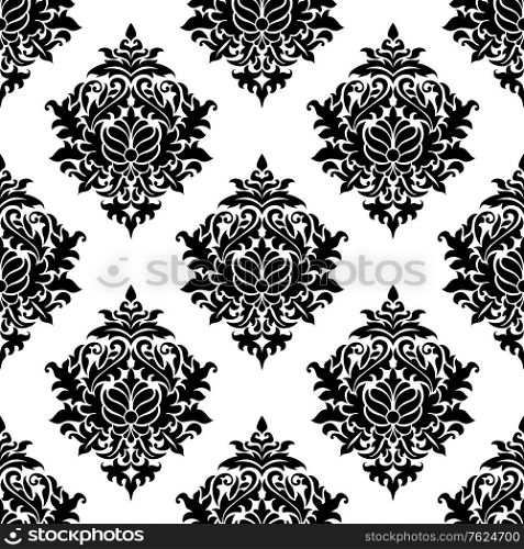Intricate damask style arabesque seamless pattern in black and white with an ornate floral motif in square format suitable for wallpaper and textile. Intricate damask style arabesque pattern
