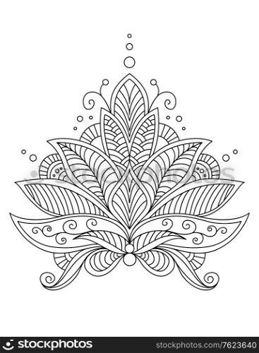 Intricate delicate floral design motif in a black and white calligraphic outline pattern, vector illustration isolated on white