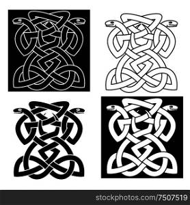 Intricate intertwined snakes emblems forming a geometric pattern in different variations for elegant tattoo or art. Intricate intertwined snakes emblem