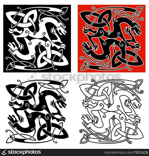 Intricate mystical dragon animals celtic ornament in different color variations. For art or tattoo themes design. Intricate celtic mystical dragon animals