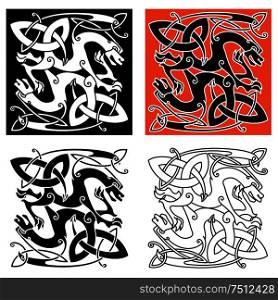 Intricate mystical dragon animals celtic ornament in different color variations. For art or tattoo themes design. Intricate celtic mystical dragon animals