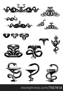 Intricate vector black and white snake icons or mascots with coiled swirling snakes and serpents