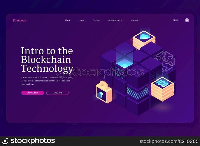 Intro to blockchain technology isometric landing page. Cryptocurrency mining concept with data center or server room blocks, bitcoin, shield, key hole on neon glowing background, 3d vector web banner. Intro to blockchain technology isometric landing