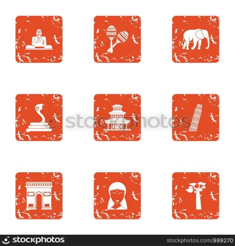 Introduce icons set. Grunge set of 9 introduce vector icons for web isolated on white background. Introduce icons set, grunge style