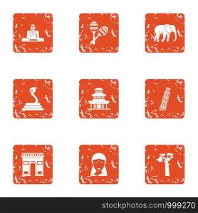 Introduce icons set. Grunge set of 9 introduce vector icons for web isolated on white background. Introduce icons set, grunge style