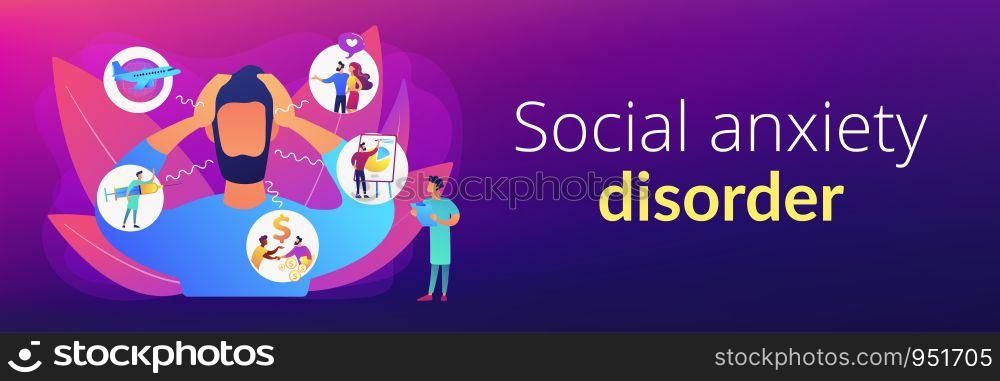 Introversion, agoraphobia, public spaces phobia. Mental illness, stress. Social anxiety disorder, anxiety screening test, anxiety attack concept. Header or footer banner template with copy space.. Anxiety concept banner header.