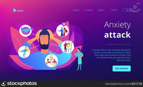 Introversion, agoraphobia, public spaces phobia. Mental illness, stress. Social anxiety disorder, anxiety screening test, anxiety attack concept. Website homepage landing web page template.. Anxiety concept landing page