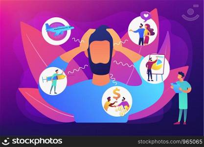 Introversion, agoraphobia, public spaces phobia. Mental illness, stress. Social anxiety disorder, anxiety screening test, anxiety attack concept. Bright vibrant violet vector isolated illustration. Anxiety concept vector illustration