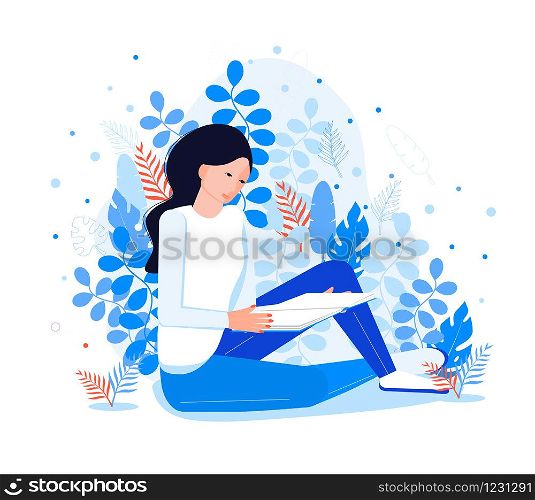 Introvert reads a book. Pretty girl like reading. Fantasy literature world in her mind on a blue floral, leaves background. Literature fan illustration. Introversion vector concept.. Introvert reads a book. Pretty girl like reading. Fantasy literature world in her mind on a blue floral, leaves background. Literature fan illustration. Introversion vector