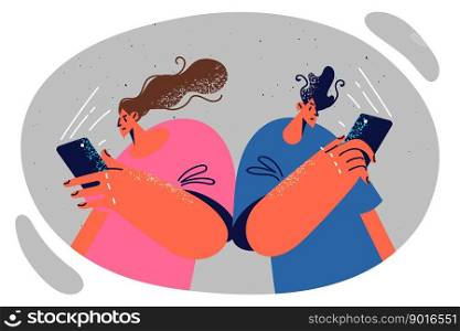 Introverted man and woman turn backs to each other use mobile phone after being addicted to gadget. Introverted couple with phone in their hands refusing personal communication use social networks . Introverted man and woman turn backs to each other use mobile phone after being addicted to gadget