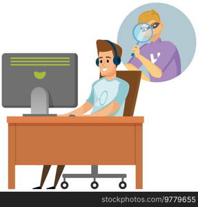 Intruder looking through magnifying glass. Cunning guy holding loupe, looking for something in laptop, planned something amiss. Hacker holding magnifier, plotting to hack computer protection system. Hacker holding magnifier, plotting to hack computer protection system. Man planned something amiss