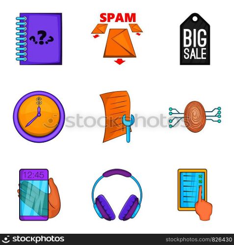 Intrusive offer icons set. Cartoon set of 9 intrusive offer vector icons for web isolated on white background. Intrusive offer icons set, cartoon style