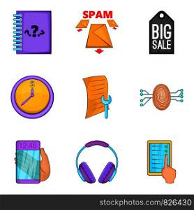 Intrusive offer icons set. Cartoon set of 9 intrusive offer vector icons for web isolated on white background. Intrusive offer icons set, cartoon style
