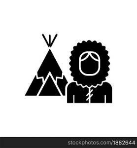 Inuit population black glyph icon. Indigenous peoples of Canada. Traditional shelter igloo. Northern nation. Historical heritage. Silhouette symbol on white space. Vector isolated illustration. Inuit population black glyph icon