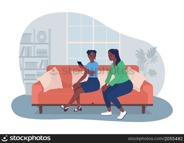 Invading teenager privacy 2D vector isolated illustration. Curious mother and irritated daughter with smartphone flat characters on cartoon background. Extreme parenting colourful scene. Invading teenager privacy 2D vector isolated illustration