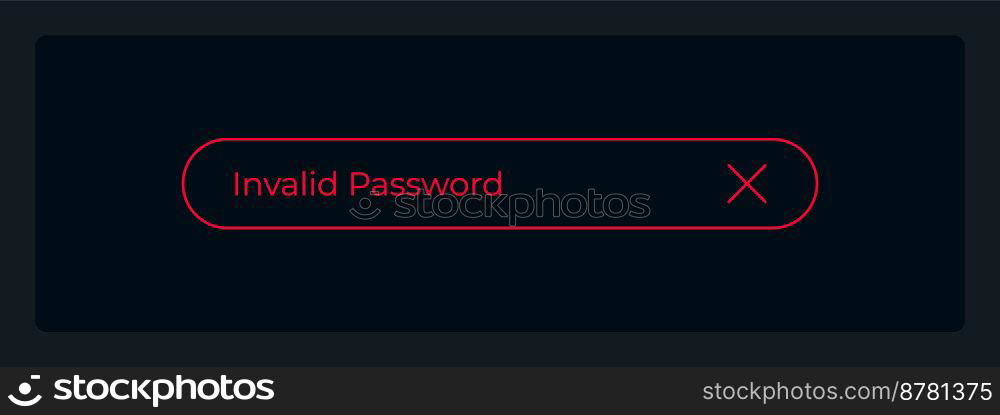 Invalid password UI element template. Editable isolated vector dashboard component. Flat user interface. Visual data presentation. Web design widget for mobile application with dark theme. Invalid password UI element template