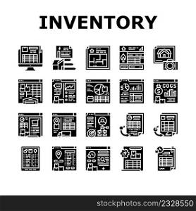 Inventory Analytics And Report Icons Set Vector. Inventory Movement Pending And History Reporting, Gas Safety And Energy Performance Certificates, Sales Purchase Glyph Pictograms Black Illustrations. Inventory Analytics And Report Icons Set Vector
