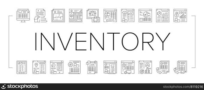 Inventory Analytics And Report Icons Set Vector. Inventory Movement Pending And History Reporting, Gas Safety And Energy Performance Certificates, Sales And Purchase Black Contour Illustrations. Inventory Analytics And Report Icons Set Vector