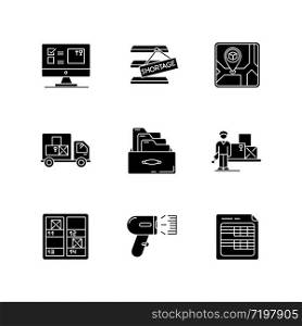 Inventory control and bookkeeping black glyph icons set on white space. Spreadsheets and card system. Storage place, goods shortage and receipt. Silhouette symbols. Vector isolated illustration