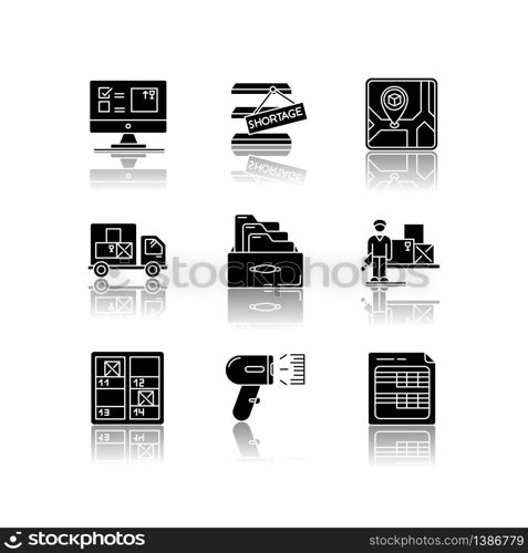 Inventory control and bookkeeping drop shadow black glyph icons set.. Spreadsheets and card system. Storage place, goods shortage and receipt. Isolated vector illustrations on white space