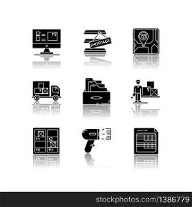 Inventory control and bookkeeping drop shadow black glyph icons set.. Spreadsheets and card system. Storage place, goods shortage and receipt. Isolated vector illustrations on white space
