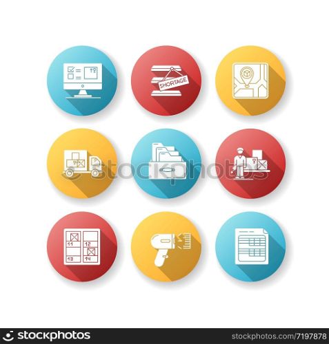 Inventory control and bookkeeping flat design long shadow glyph icons set. Spreadsheets and card system. Storage place, goods shortage and receipt. Silhouette RGB color illustration