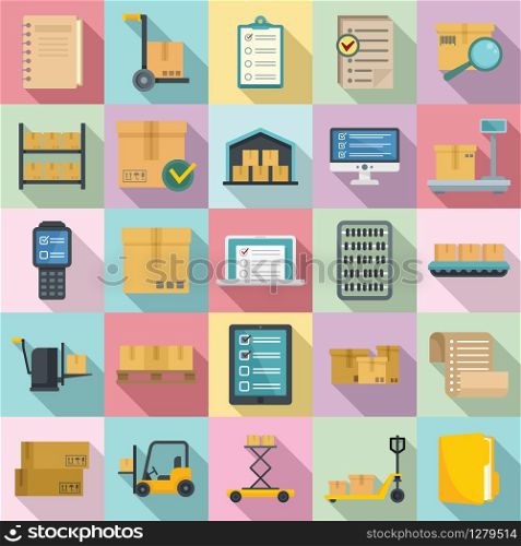 Inventory icons set. Flat set of inventory vector icons for web design. Inventory icons set, flat style