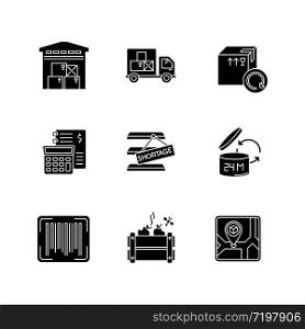 Inventory management black glyph icons set on white space. Storage place, goods receipt, spoilage and purchase returns. Product barcode and shelf life. Silhouette symbols. Vector isolated illustration