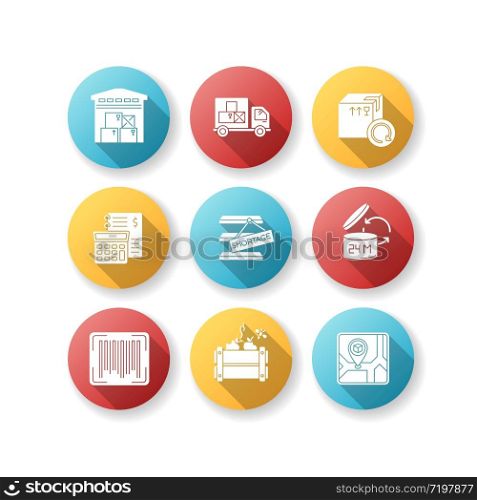 Inventory management flat design long shadow glyph icons set. Storage place, goods receipt, spoilage and purchase returns. Product barcode and shelf life. Silhouette RGB color illustration