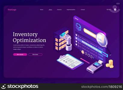 Inventory optimization banner. Concept of logistic, accounting and control distribution and storage system. Vector landing page with isometric warehouse with robot and boxes, report and pos terminal. Inventory optimization in warehouse. Vector